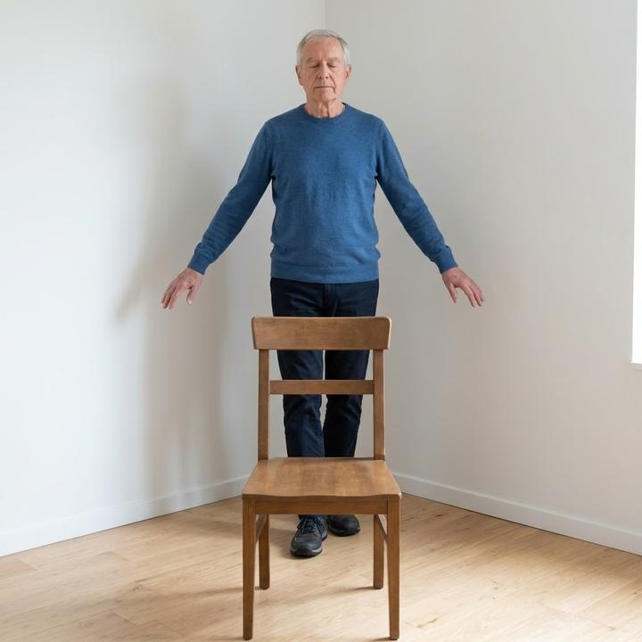 Une personne debout dos à un coin de mur, une chaise devant elle, dossier tourné vers elle.